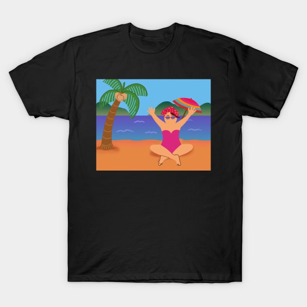 Happy woman in tropical beach paradise on holiday vacation in summer. T-Shirt by Nalidsa